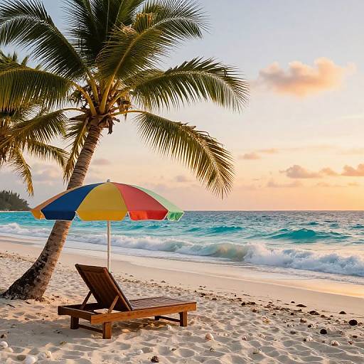 Colorful beach umbrella shading a wooden lounge chair under a palm tree, with turquoise waves and a sunset sky. Photograph.