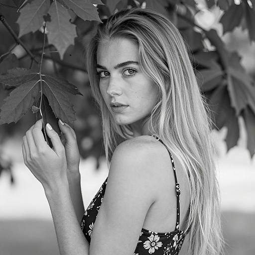 Black and White Portrait of Young Woman with Leaves