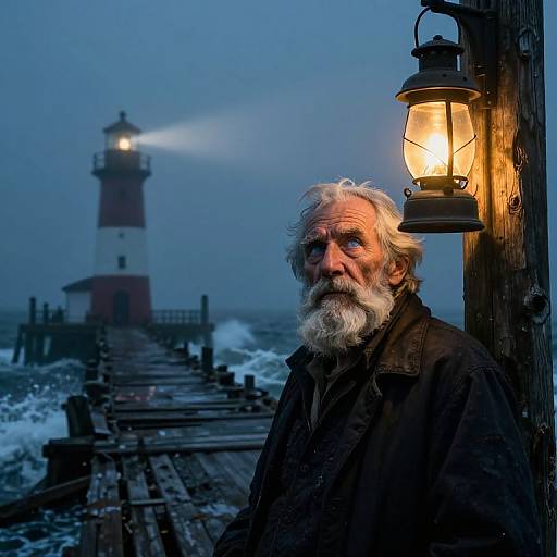 Photograph of an elderly white man with a white beard, wearing a dark coat, standing by a lit lantern beside a foggy lighthouse on a