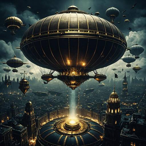 Ominous Steampunk Cityscape with Airships