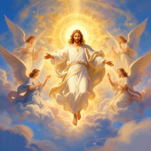 Digital illustration of a glowing Jesus with long brown hair, white robe, surrounded by four angelic figures with wings, amidst radiant sunlight and blue clouds.