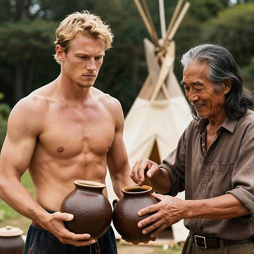 Two Men Holding Brown Pots Outdoors