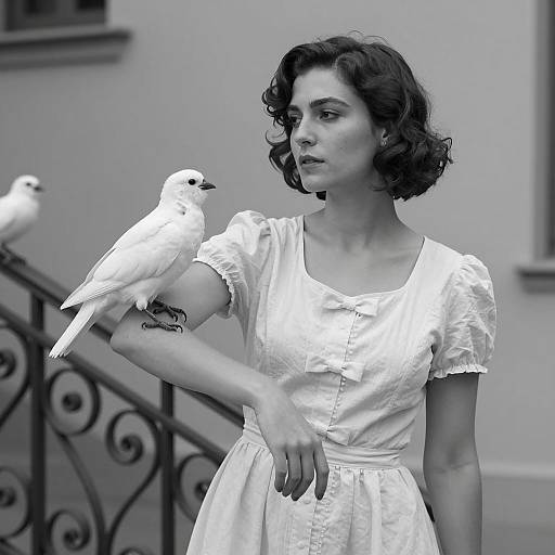 Woman with White Bird on Arm in Black and White