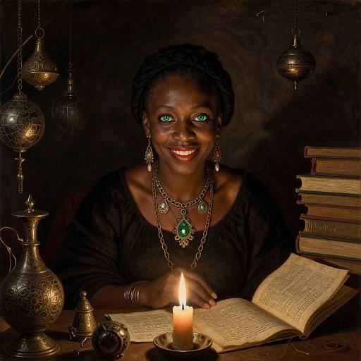 Photograph of a smiling Black woman with glowing green eyes, wearing traditional jewelry, dark dress, lit candle, open book, and ornate brass objects