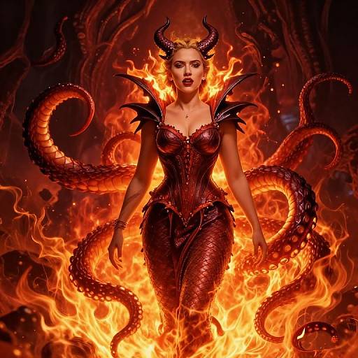 Digital art of a fierce, fiery demon woman with black horns, red scales, and multiple tentacles, standing amid intense flames.