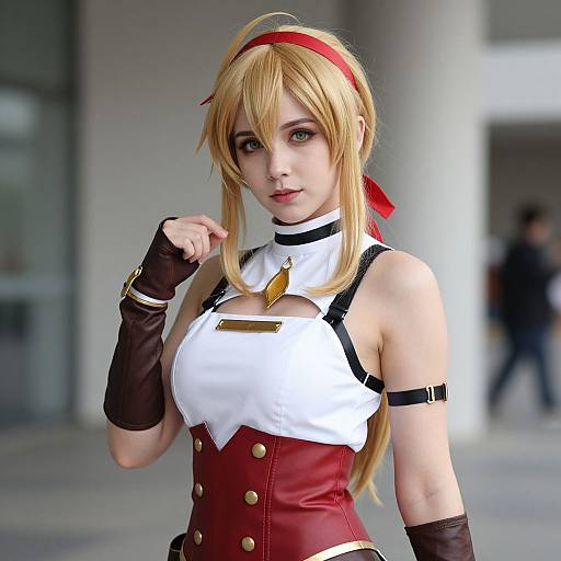 Photograph of a blonde cosplayer with green eyes, wearing a red headband, white and maroon outfit with gold buttons, brown gloves, and