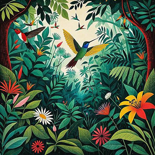 Lush Jungle with Vibrant Hummingbird