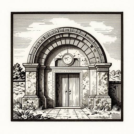 Black and white ink drawing of an arched, stone door with detailed brickwork, flanked by plants, and lined texture.