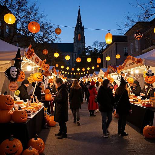 Photograph of a bustling evening Halloween market, illuminated by orange lanterns, with vendors selling pumpkin decorations and treats, under a twilight sky and historic church