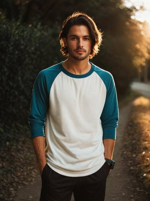 Young Man in Casual Raglan Shirt Outdoors