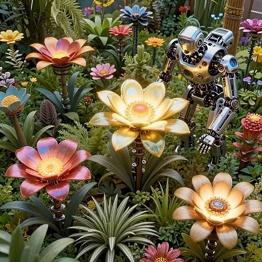 Photograph of a colorful garden with glowing, neon-like flowers and a metallic, robotic figure standing among the vibrant, illuminated blooms.