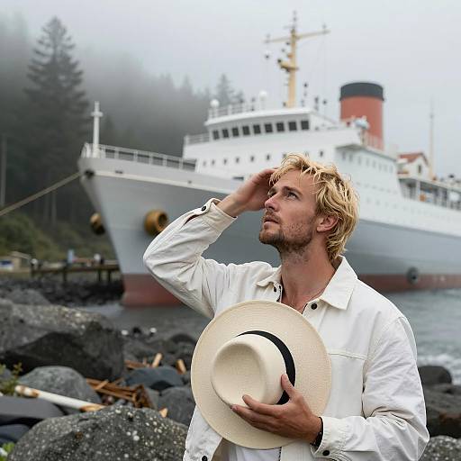 Contemplative Man on Rocky Shore