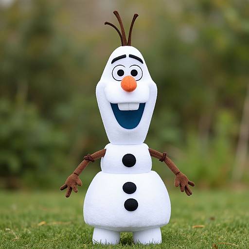 Photograph of a cheerful, cartoon-style snowman with black buttons, brown twig arms, and a carrot nose, standing on green grass.