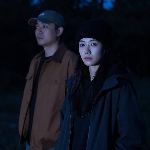 Photograph of an Asian man and woman in dark clothing, blue lighting, standing outdoors at night, man in brown jacket and cap, woman in black