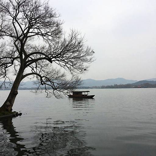 Tranquil Lakeside Scene with Boat