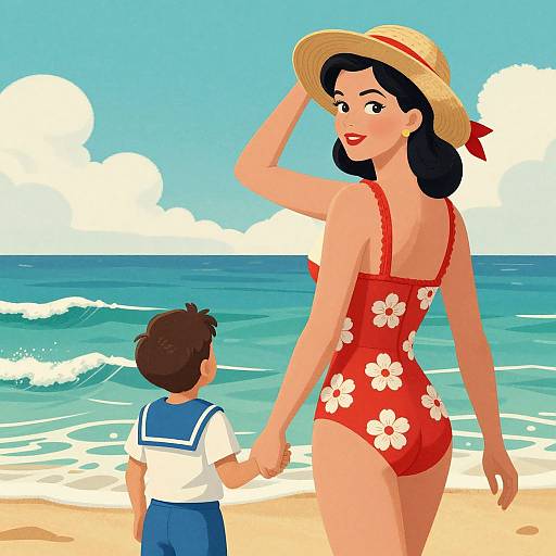 Digital illustration of a woman in a red floral one-piece swimsuit and straw hat holding hands with a young boy in a blue sailor outfit on a sunny