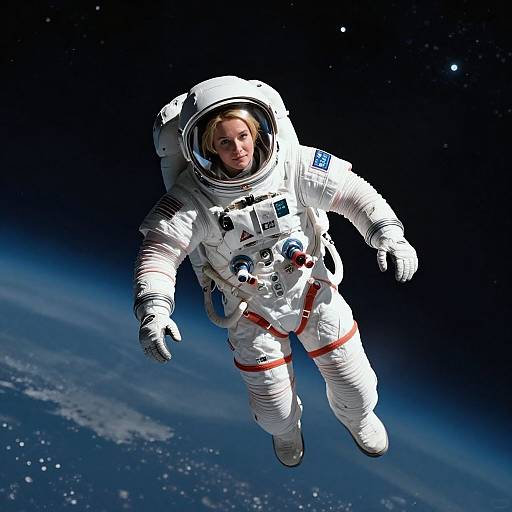 Photorealistic image of a blonde astronaut floating in space, wearing a white spacesuit with red straps, against a dark, starry background and the