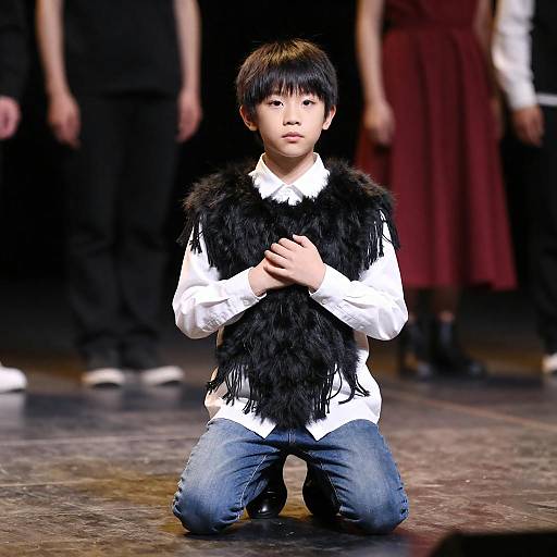 Young Boy Kneeling on Stage with Costume
