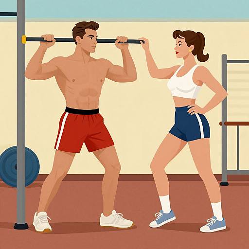 Digital illustration of a muscular man with short brown hair in red shorts lifting a barbell, and a fit woman with brown hair in a white sports bra