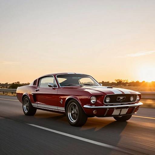 Photograph of a red 1970 Dodge Challenger muscle car driving on a highway at sunset, with a golden sky and blurred background.