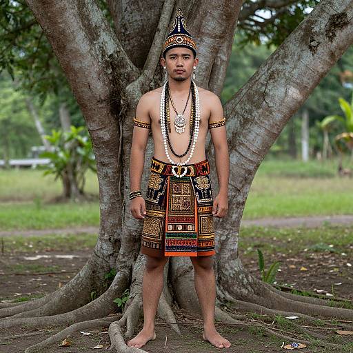 Photograph of a young, shirtless man with traditional Indonesian attire, standing barefoot before a large tree in a lush, green outdoor setting.