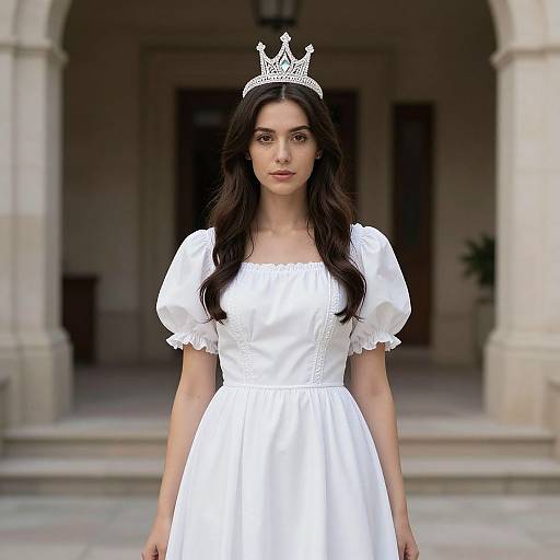 Photograph of a young woman with long dark hair, wearing a white crown and a white, puffed-sleeve dress, standing in front of