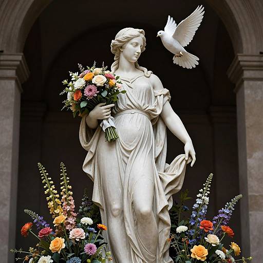 Photograph of a white marble statue of a serene, robed woman holding a vibrant bouquet, with a white dove flying above, surrounded by colorful flowers