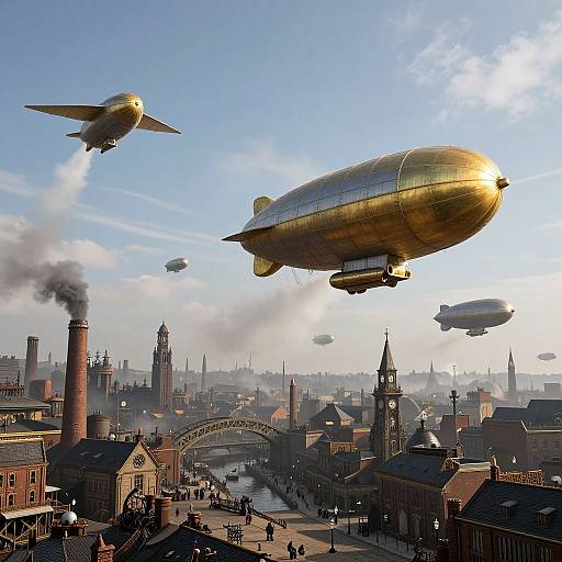 Photograph of a vintage cityscape with steam-powered zeppelins and blimps flying over brick buildings, smokestacks, and a river,