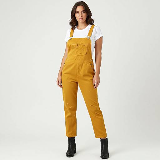 Photograph of a woman with medium-length dark hair, wearing yellow overalls over a white t-shirt, black ankle boots, standing against a white background