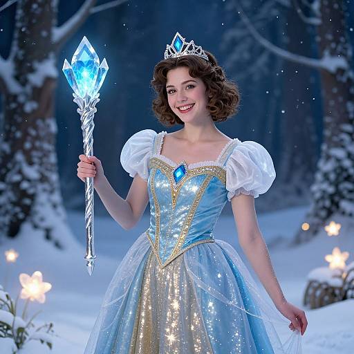 Photograph of a smiling young girl in a sparkling blue fairy princess dress with white puffed sleeves, holding a glowing ice crystal wand, standing in a