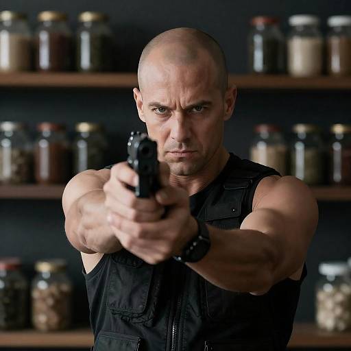 Man Aiming Handgun with Serious Expression