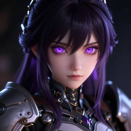 Digital artwork of a pale-skinned, purple-eyed, dark-haired anime woman with futuristic armor, glowing eyes, and intricate metal headpiece, set against