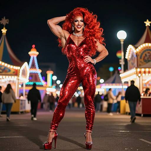 Photograph: Vibrant, muscular woman with long red hair in shimmering red jumpsuit and high heels, striking a confident pose on a brightly lit