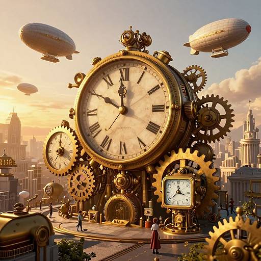 Steampunk clock tower with giant gears and Roman numerals, surrounded by airships, in a futuristic cityscape at sunset. Photorealistic CGI