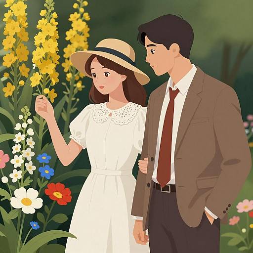 Couple in Garden with Flowers
