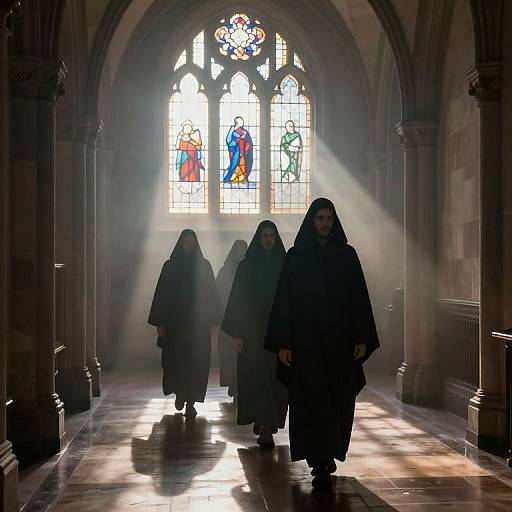 Misty Corridor with Cloaked Figures