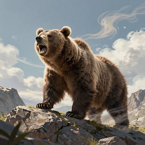 Digital illustration of a fierce, brown grizzly bear roaring on rocky terrain with mountain peaks and a bright, cloudy sky background.