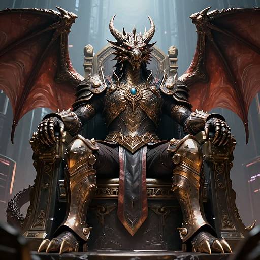 Digital art of a fearsome dragon king with golden armor, red wings, and a throne, set in a dark, misty castle.