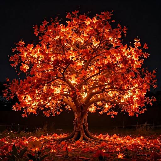 Photograph of a tree illuminated with vibrant red and orange lights against a dark night sky, creating a magical, glowing effect.