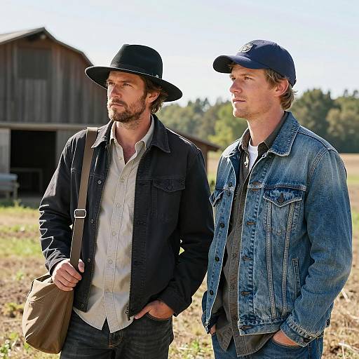 Two Men in a Field with Barn