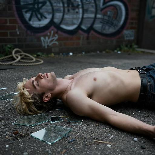 Blonde Shirtless Man Among Broken Glass