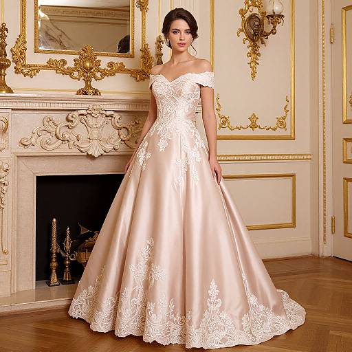 Photograph of a brunette woman in an off-shoulder, ivory satin wedding gown with intricate white lace, standing in an ornate, gold-de