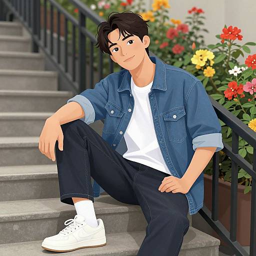 Digital illustration of a young man with short black hair, wearing a denim jacket, white t-shirt, black pants, and white sneakers, sitting on concrete