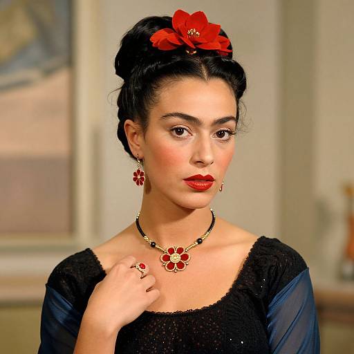 Photograph of a Latina woman with dark hair in an updo, red flower hairpiece, red lipstick, black dress, red flower earrings, and