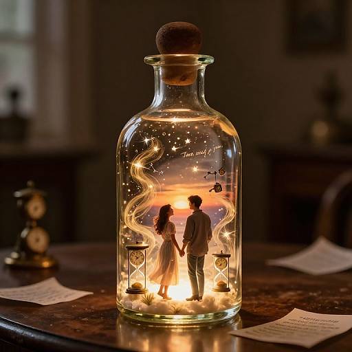 Photograph of a romantic glass bottle lamp with silhouetted couple, glowing fairy lights, and swirling designs, set on a dark wooden table with