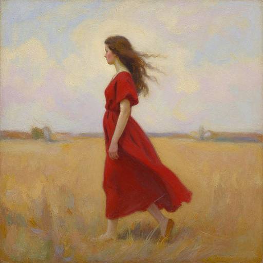 Painting of a woman in a flowing red dress walking through a golden field, wind blowing her dark hair, soft pastel sky, impressionist style