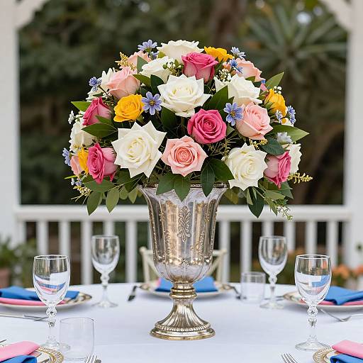Photograph of a vibrant floral arrangement in a silver vase, featuring pink, white, and yellow roses with blue flowers, set on a white table with