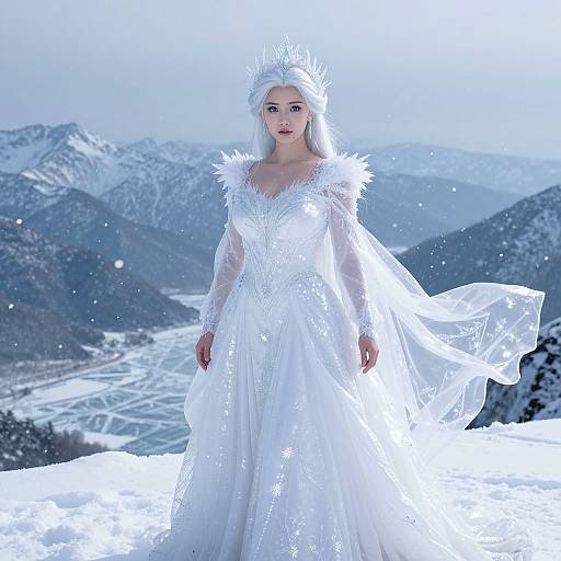 Snowy mountain backdrop, fair-skinned woman in white, ethereal, ice-encrusted dress with feathered shoulders, flowing veil, and