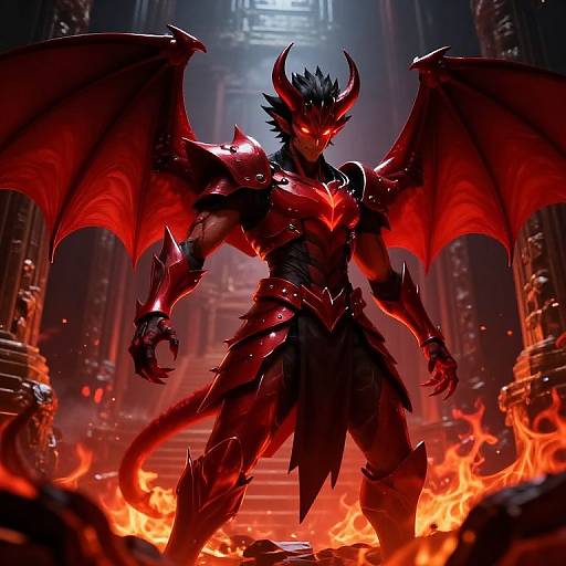 Digital artwork of a muscular, red-skinned demon with large wings, horns, and glowing eyes, standing in a fiery, cathedral-like setting.