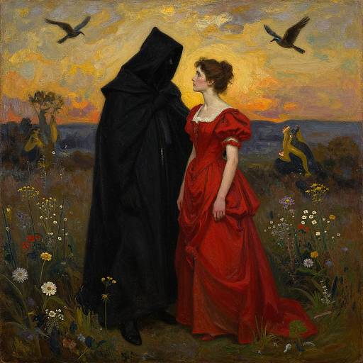 Oil painting: A woman in a red dress gazes at a hooded figure in a dark cloak at sunset, surrounded by wildflowers and birds.